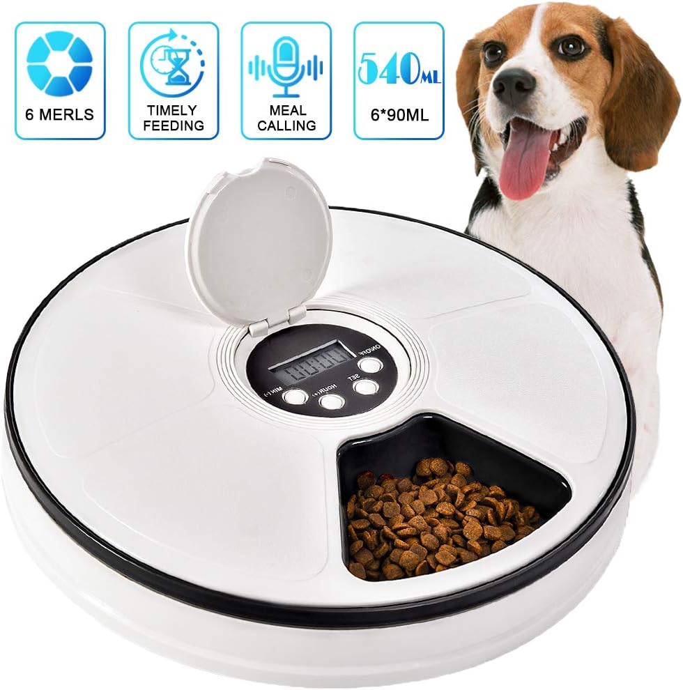 Pet Automatic Feeder for Cats Dogs, Timed Food Dispenser 6 Meal Trays Dry Wet with Voice Remind,LCD Smart Programmable Self Container Digital Clock Portion Control (black1)