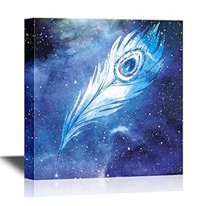 Canvas Wall Art - The Feather of a Peacock on Blue Abstract Background - Gallery Wrap Modern Home Art | Ready to Hang - 12x12 inches