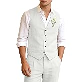 Aowdoy Men's Linen Suits 2 Piece Slim Fit Suit Prom Beach Wedding Groomsman Vest Pants Set Casual Summer Linen Outfit