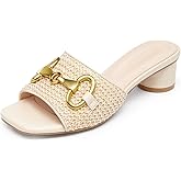 Coutgo Womens Heeled Slides Sandals Square Open Toe Chunky Block Low Heel Metal Chain Dressy Shoes