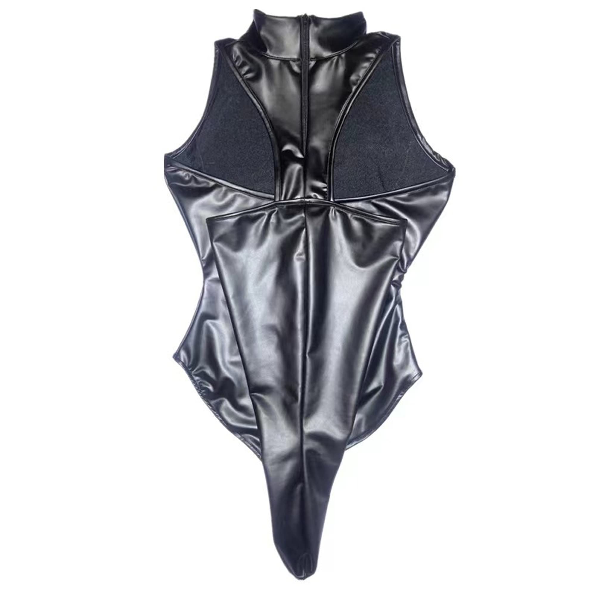 SINGUYUN Women's Leather Bodysuit Lace Up Lingerie Set Teddy One Piece Leather Dress Cosplay Lingerie Clubwear Outfits (88005Black)