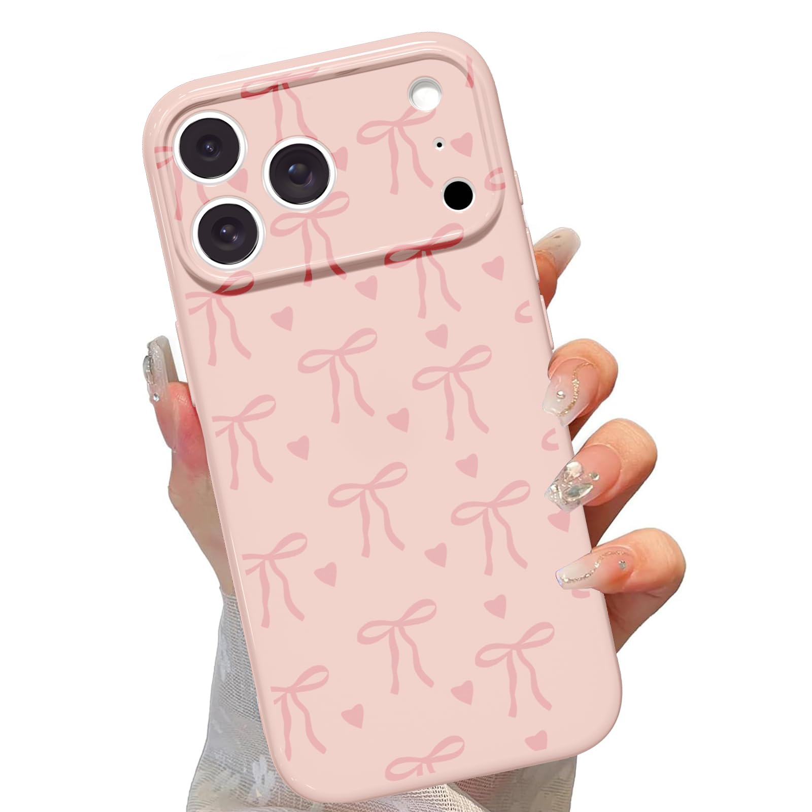lioscre Cute Bow Phone Case for iPhone 17 Pro 6.3", Aesthetic Pink Heart Ribbon Bowknot Pattern Print Design Women Girly Case Gloss Raised Camera Protective Cover Soft Slim Shockproof TPU Funda
