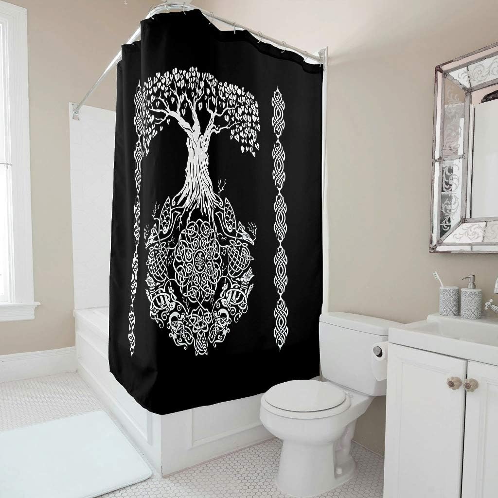Firelife Viking Tree of Life Shower Curtain Anti-Mould Waterproof Washable Polyester Bath Curtains with Hooks, Black, 120 x 200 cm