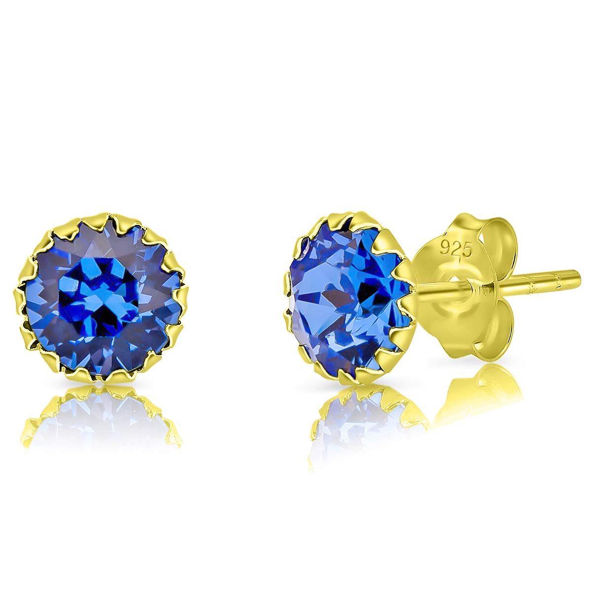 DTPSilver - 925 Sterling Silver Yellow Gold Plated Round Stud Earrings made with Glittering Crystals from Swarovski® Elements - Diameter: 6 mm - Colour : Blue Sapphire