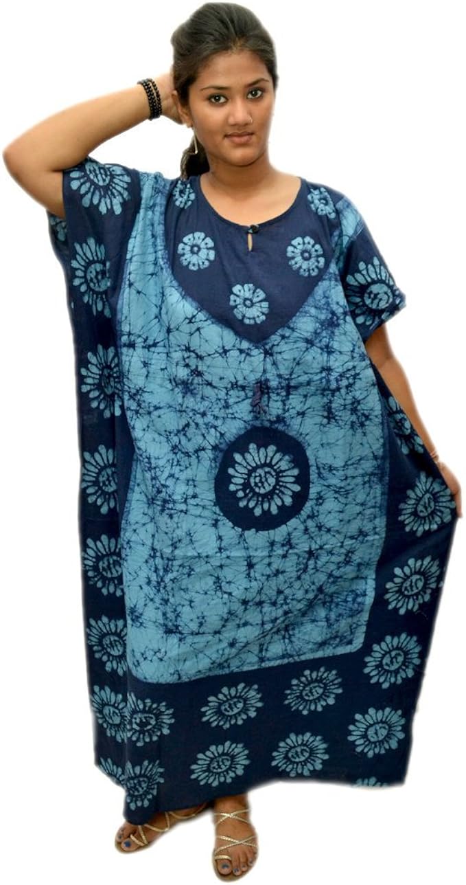 Odishabazaar Womens Cotton Caftan Nighty Blue Batik Kaftan Maxi Dress at Amazon Womenâs Clothing 
