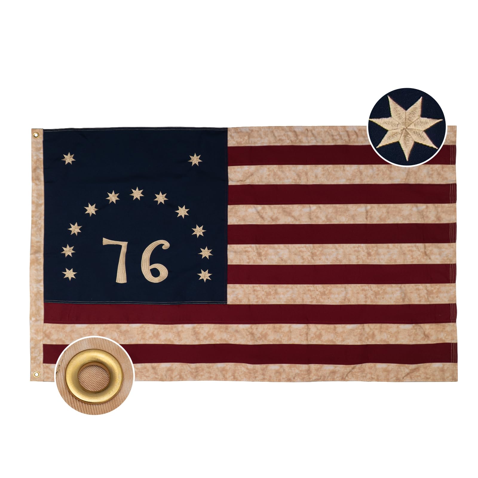 Photo 1 of Bradford Vintage 76 Bennington Flag 3x5 ft Cotton for Outside, Heavy Duty Tea Stained 1776 American Flag Aged Looking for 4th of July Cloth Old USA US1776 Flag