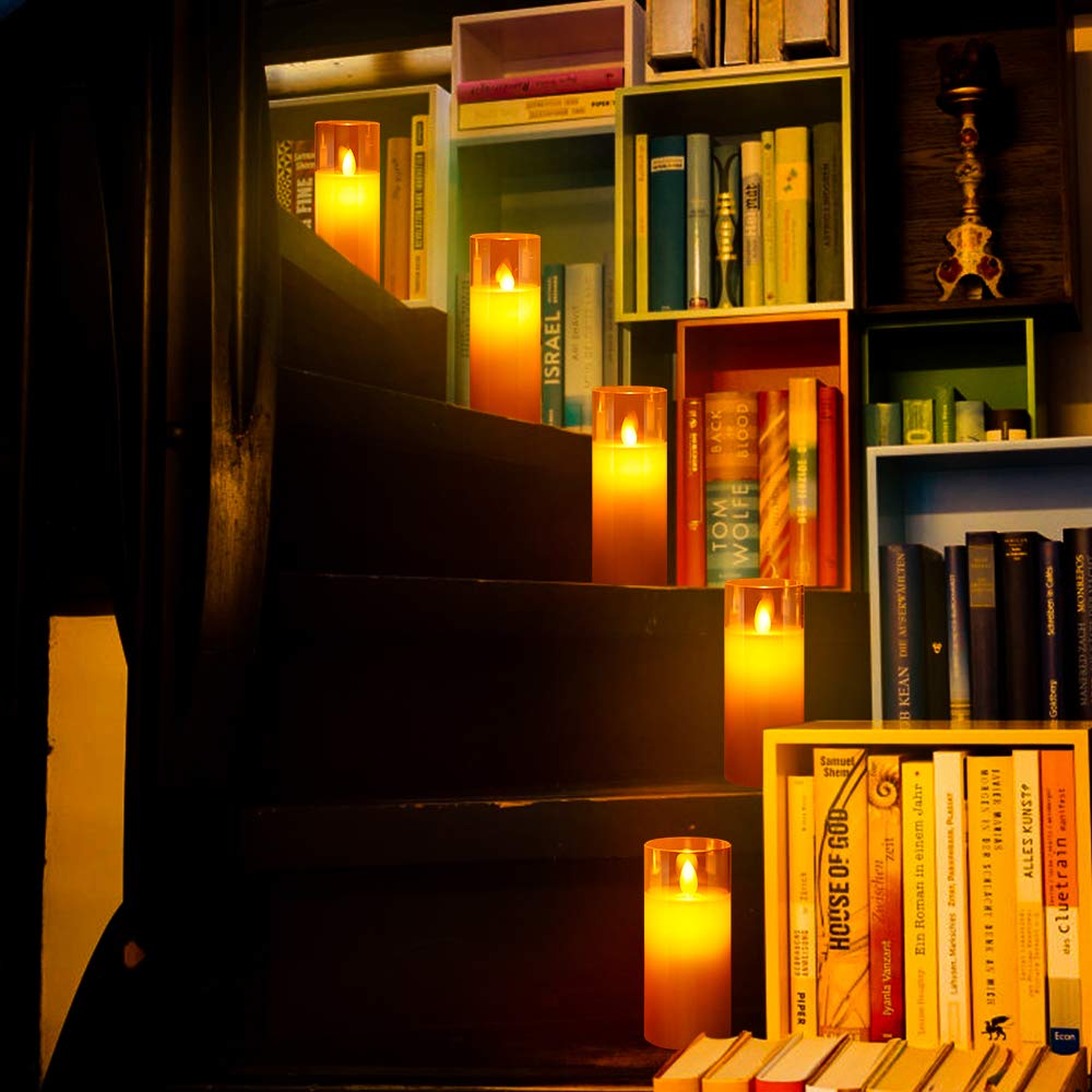 ACROSS Flickering Flameless Candles Battery Operated Pillar Real Wax Moving Wick LED Glass Candle Sets with Remote Control Timer for Halloween Holiday Christmas Wedding Party, 5\