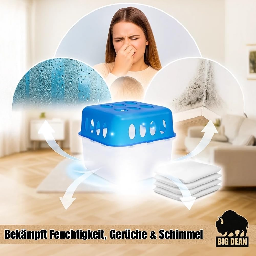 BigDean 4x Luftentfeuchter Feuchtigkeits-Stopper mit 8 x 400g Nachfüll-Beutel Granulat – Feuchtigkeitskiller Raumentfeuchter nachfüllbar + wiederverwendbar ohne Strom 8