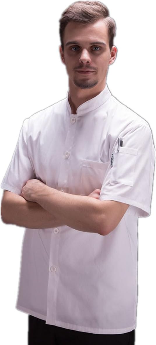 XINFU Mens Chef Jacket Short Sleeve Summer Pure Color Chef Uniform Hotel Chef's Work Clothes