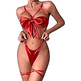 ROSVAJFY Women Sexy Satin Bow Lingerie Unwrap Me Naughty Lingerie 3 Piece Cute Bra and Panty Sets Ladies Valentines Outfit