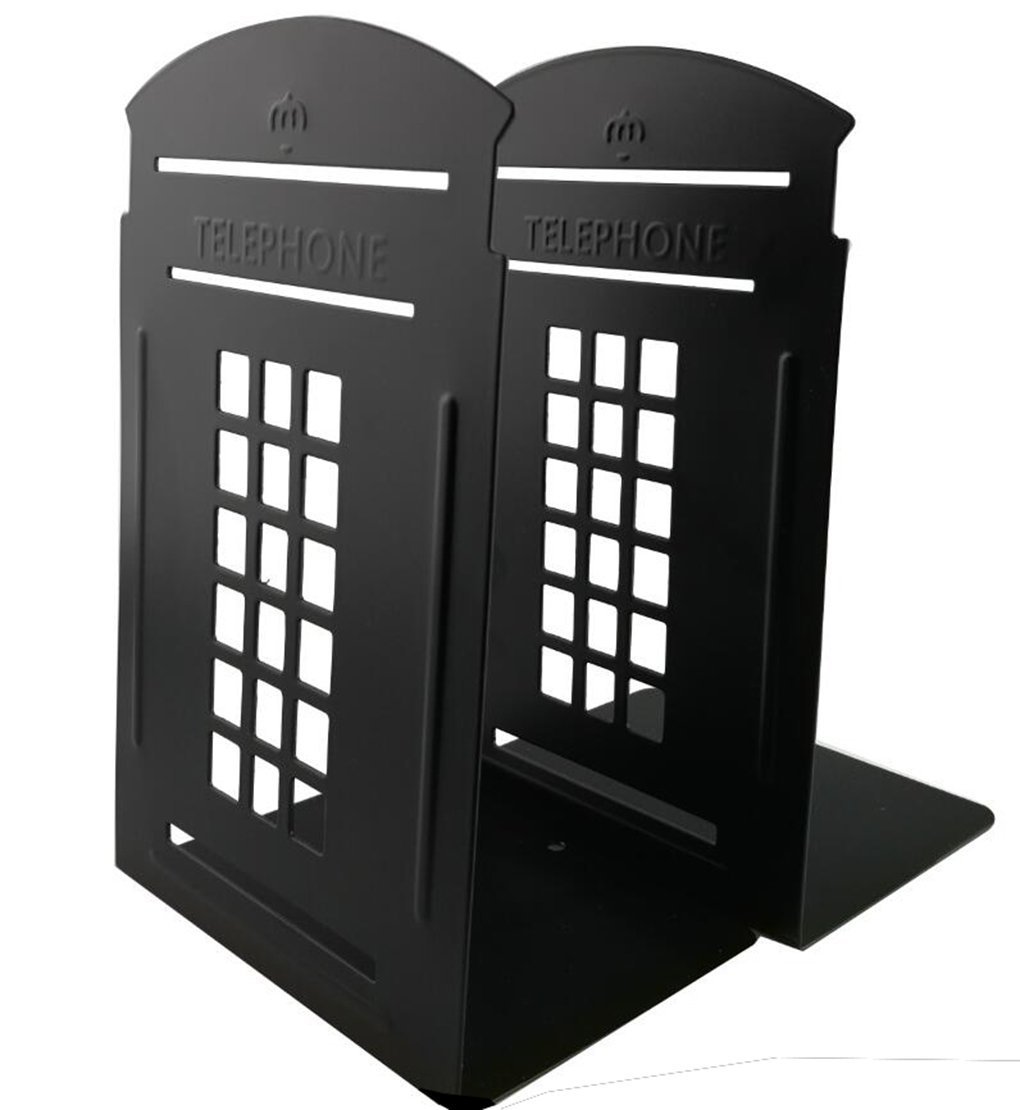 1 Pair Nostalgic London Telephone Booth Bookends British Style Metal Bookends for Shelves Library Bookends Book End Gifts (Black)