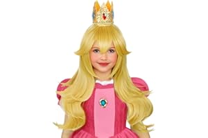 Aicos Princess Wig Set for Girls Blonde Curly Cosplay Wig with Crown, Earrings & Brooch – Halloween Dress-Up Accessories