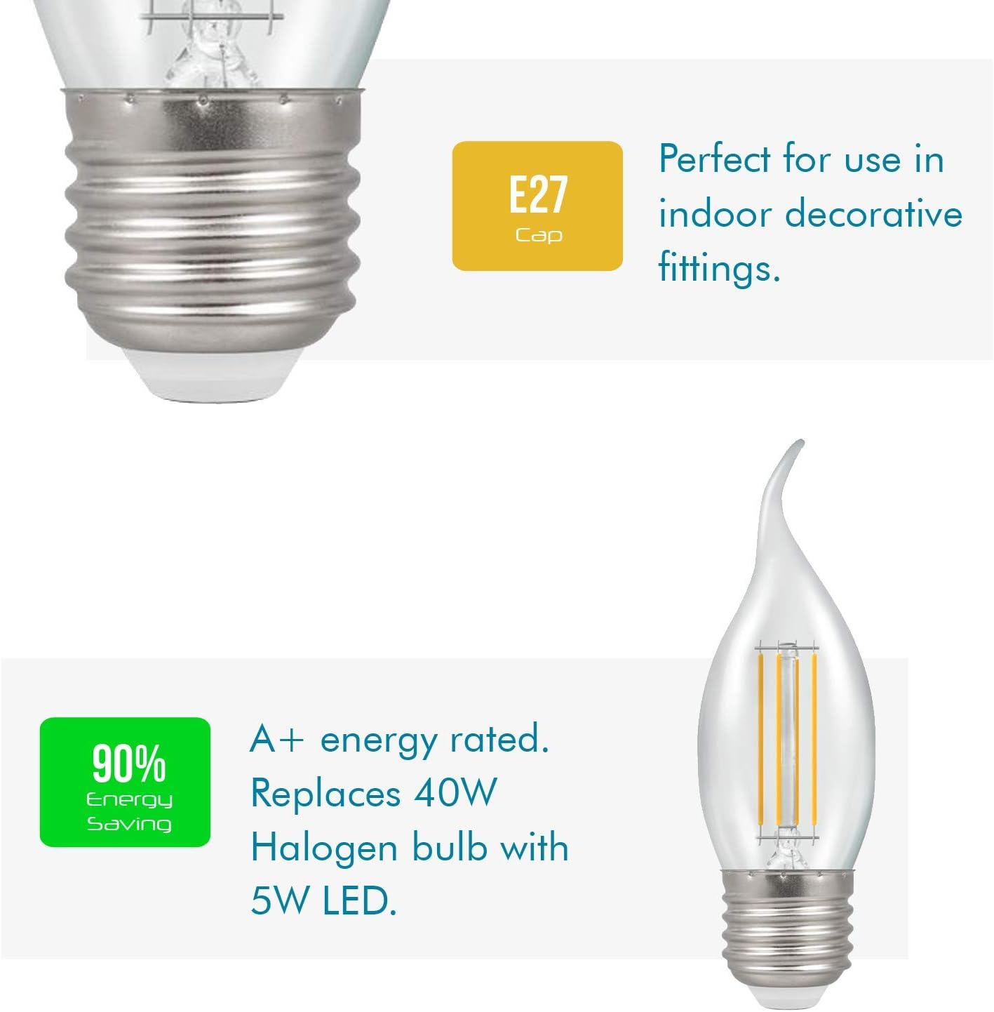 Crompton E27 LED Bent-Tip Filament Candle Bulbs 5 Watts Dimmable 470LM / 40W Incandescent Equivalent C35 Edison Screw (SES-E27) Candle Light Bulbs Warm White 2700K - Image 4