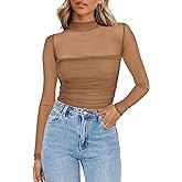 Zeagoo Womens Mesh Sheer Long Sleeve Top Mock Turtle Neck See Though Shirts Ruched Sexy Casual Going Out Blouses
