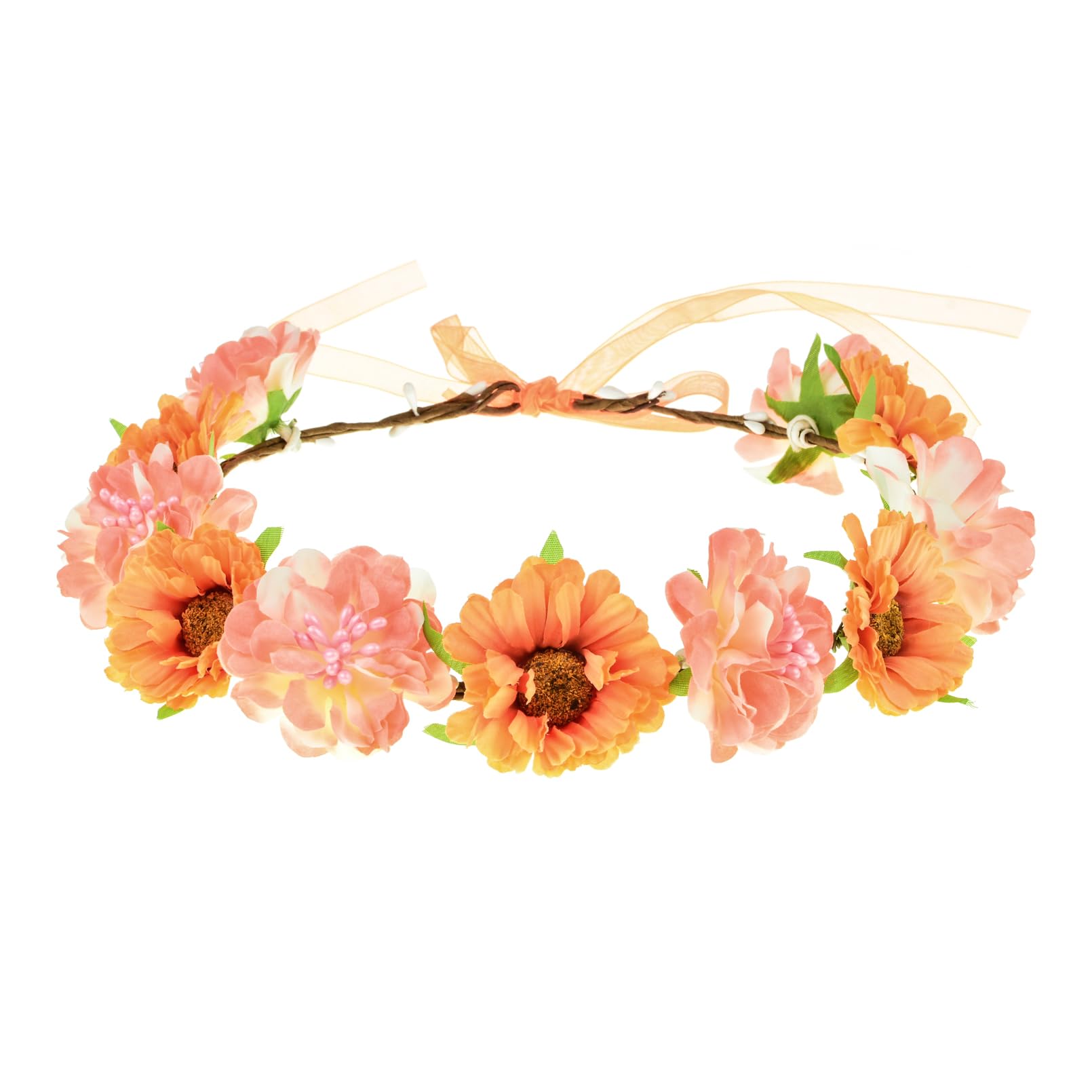 Photo 1 of June Bloomy Rose Flower Leave Crown Bridal Halo Headband with Adjustable Ribbon (A Orange)