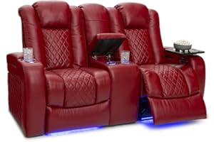 Seatcraft Anthem Home Theater Seating - Italian Leather - Power Recline Loveseat - Center Storage Console - Powered Headrests - Arm Storage - AC/USB and Wireless Charging - Cup Holders, Red