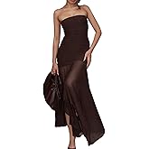 AGOSAK Women's Sexy Strapless Mesh Maxi Dress Tube Top Midi Dresses Wedding Guest Party Cocktail