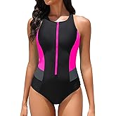 Tempt Me Women Athletic One Piece Swimsuit Zipper High Neck Bathing Suit Racerback Swimwear
