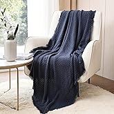 CREVENT Farmhouse Waffle Knit Throw Blanket for Couch Sofa Chair Bed Home Decoration, Soft Warm Cozy Light Weight for Spring Summer Fall (50''X60'' Navy Blue)
