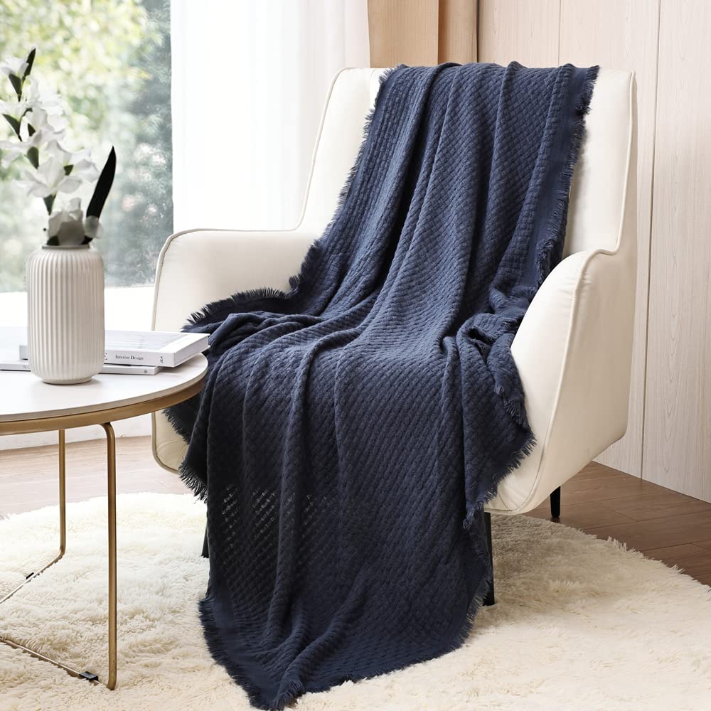 CREVENT Farmhouse Rust Knit Throw Blanket for Couch Sofa Chair Bed Home Decoration, Soft Warm Cozy Light Weight for Spring Summer Fall (127cmX152cm Navy Blue)
