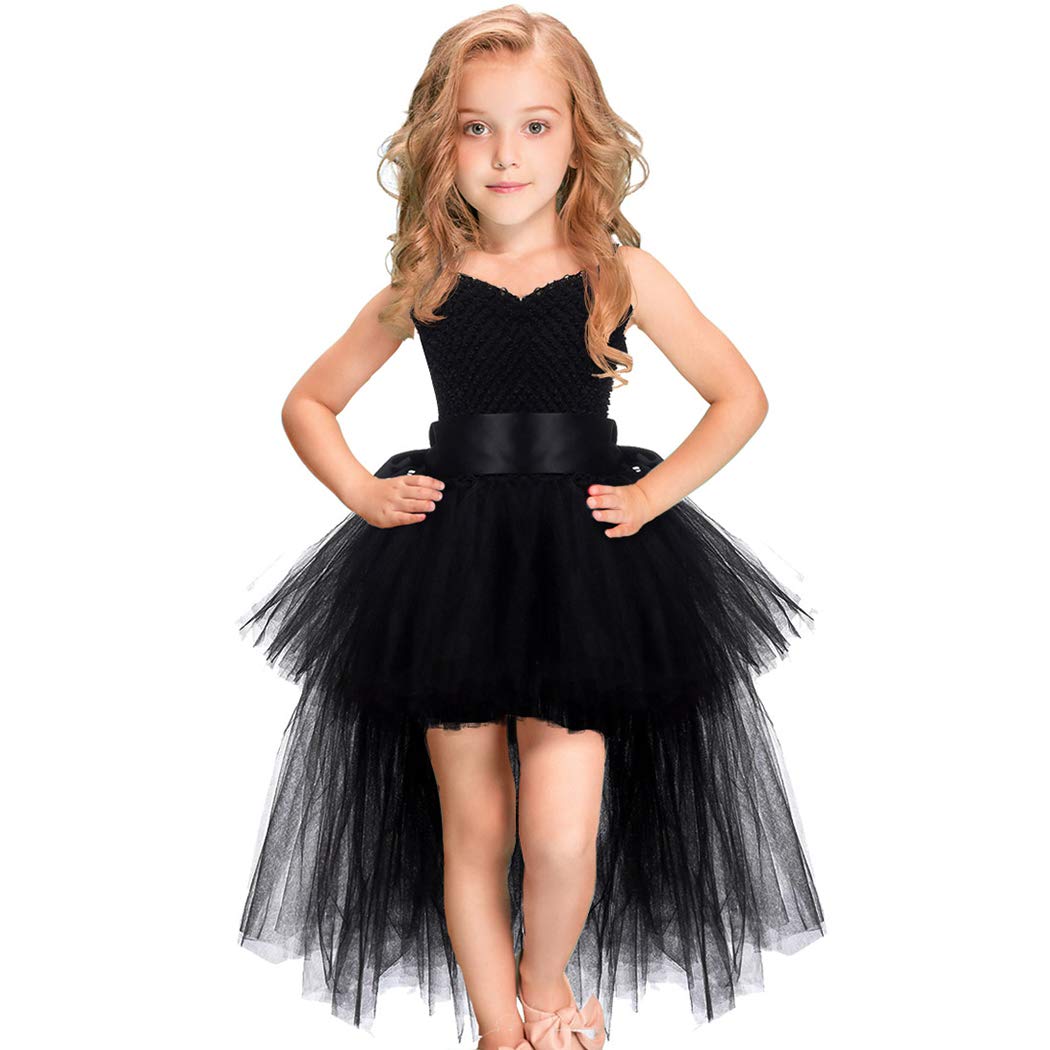Photo 1 of HJTT Tutu Dress for Girls Black Train V-Neck Tulle Evening Wedding Birthday Party Dresses Kids Ball Gown (Black, 7-8 Years)
