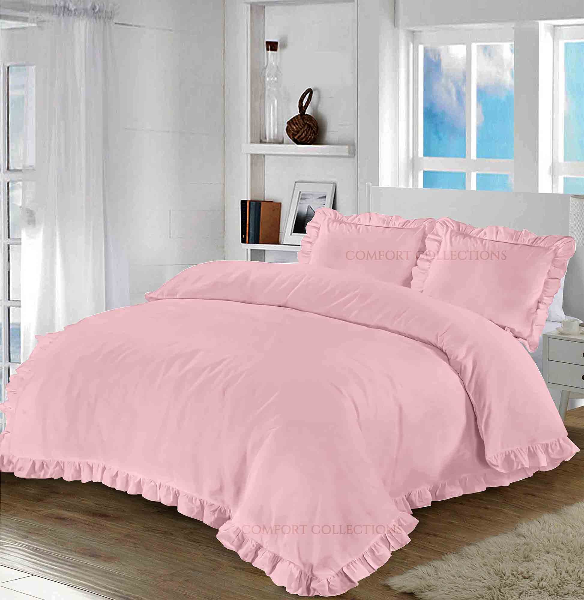 Comfort Collections Santiago Ruffle Frill Edge Design Plain Duvet Cover and Pillow Cases Bedding Set Blush Pink Double 200cm x 200cm Approximate