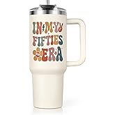 Shqiueos 50th Birthday Gifts for Her 40oz Tumbler with Handle and Straw Lid, 50 Year Old Gifts for Women, Mom, Wife, Sister, Friend, 50s Birthday Decoration-In My Fifties Era Cup Water Bottle
