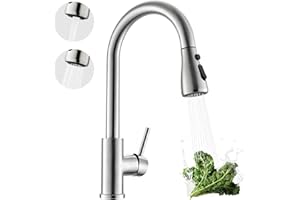 Kicimpro Kitchen Faucet with Pull Down Sprayer, Zero Leakage 3 Hole Brushed Nickel RV Kitchen Faucet with Water Line, NSF Certified Lead-Free 304 Stainless Steel Commercial Kitchen Faucet Seats
