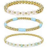 RINHOO14K Gold Plated Beaded Bracelets Set for Women Stackable Dainty Pearl Cross Bracelet Adjustable Elastic Jewelry