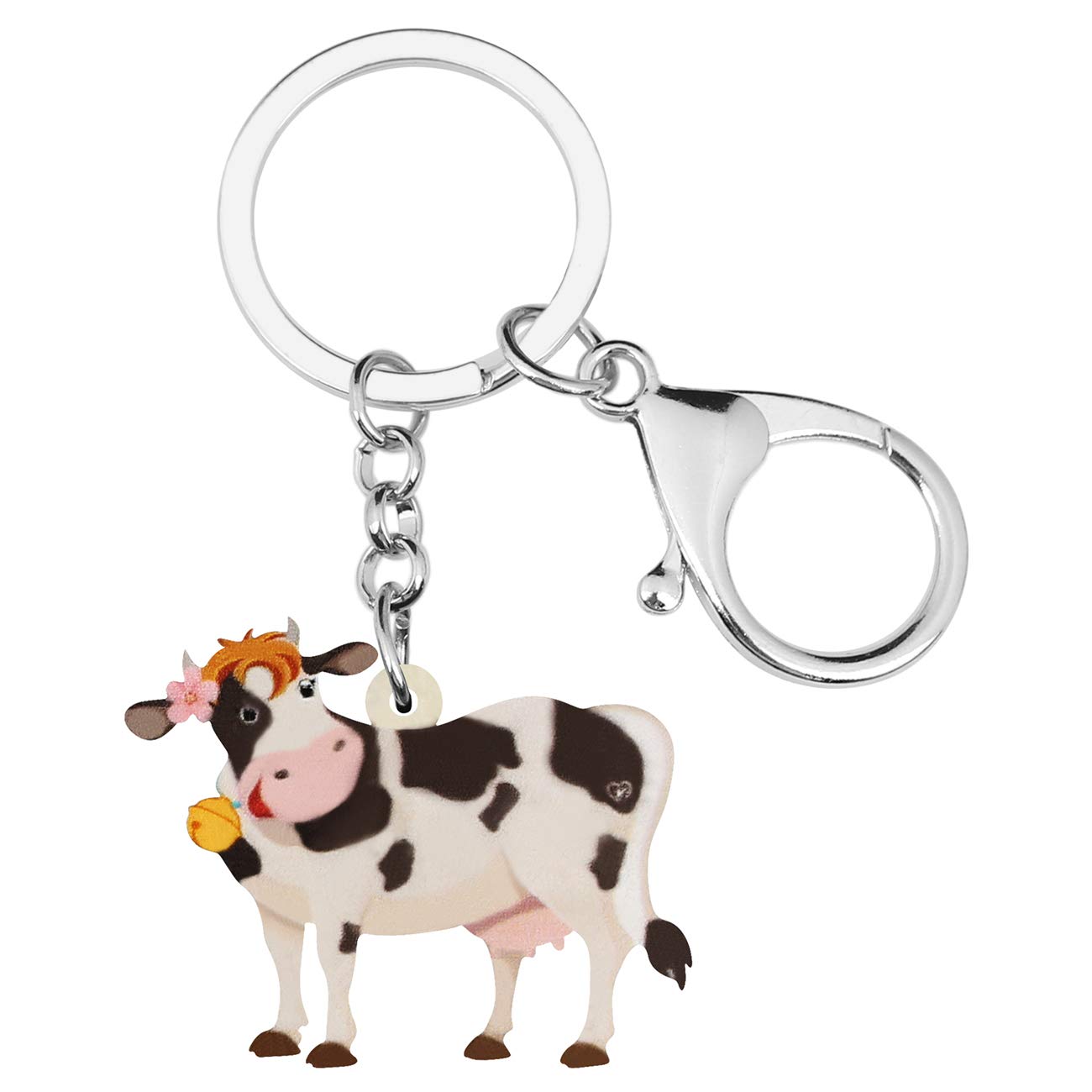 WEVENI Acrylic Cartoon bell Milk Cow Keychain Dairy Cattle Keyring Farm Jewelry For Women Girl (Beige)