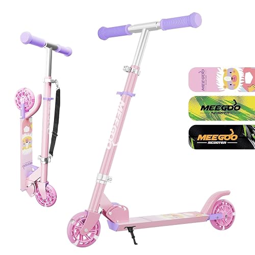MEE GOO Scooter for Kids Ages3+, 2 Wheels Light Up Gift Scooters for Girls Boys, Easy Folding Kids Scooter with 3 Levels Adjustable Handlebar and Rear Brake (Pink)
