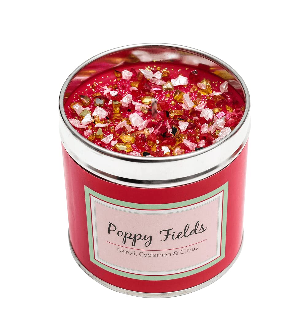 Best Kept Secrets Scented Candle Tin - POPPY FIELDS - Clean and pure scents of neroli orange, buttercup, cyclamen and cedarwood.. 50 HR BURN