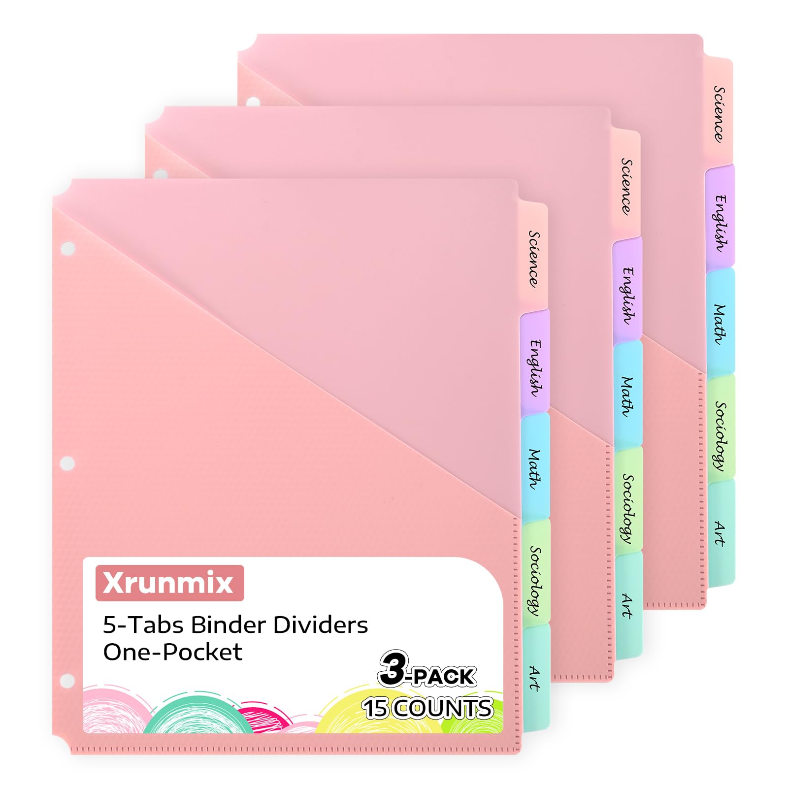 Photo 1 of 5 Tabs Dividers with Pockets for 3 Ring Binder, 15 Counts Binder Dividers for US Letter Size, Binder Dividers with Tabs for School Office and Home Organization, 5 Pastel Color (3)