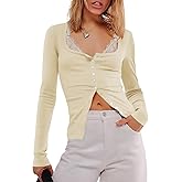 Outfeel Women Ribbed Knit T-Shirt Tops Long Sleeve Button Down Stretchy Slim Fit Scoop Neck Blouse