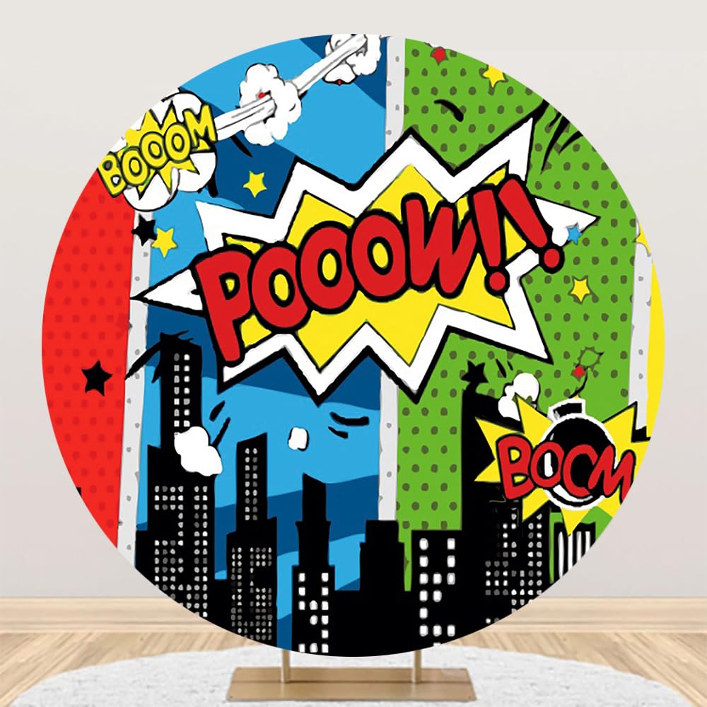 Photo 1 of Renaiss 6.5x6.5ft Superhero Round Backdrop for Photoshoot Boy Girl Portrait Cityscape Skyscraper American Comic Circle Photography Background Baby Shower Newborn Birthday Party Decor Photo Booth Prop