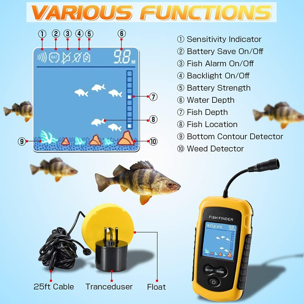 Atibin Handheld Kayak Fish Depth Finder Portable Transducer Fish Finder Sonar Boat Dock Fish Finders Display Water Fishing Yellow: GPS & Navigation
