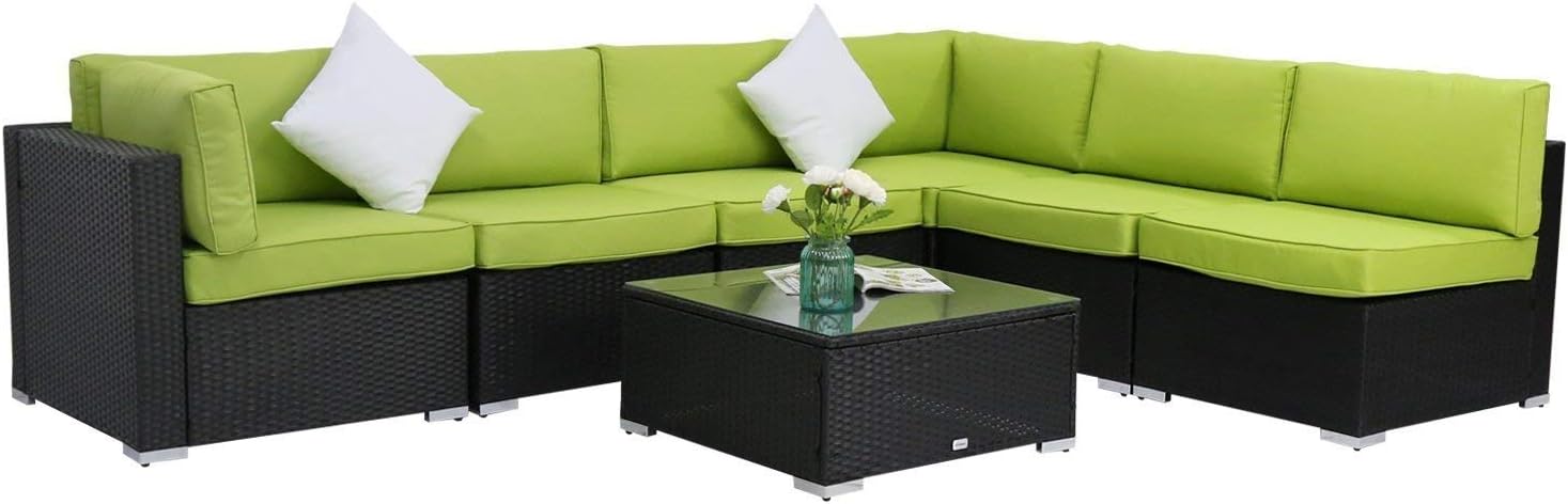 Kinbor 7-Piece Black All-Weather Rattan Wicker Sofa Set Backyard Patio Furniture Cushioned Sectional Sofa Conversation Sets