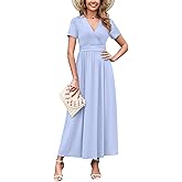 WEACZZY 2026 Summer Long Dresses for Women Wrap Empire Pleated Waist V Neck Short Sleeve Elegant Maxi Dress with Pockets