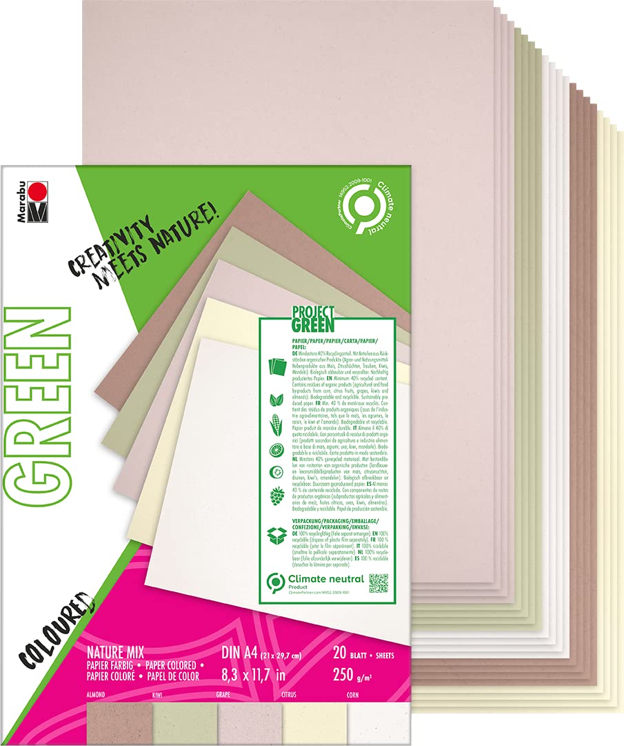Marabu 1612000000600 161200000600 Green Line Paper Pad DIN A4 Mix, 20 Sheets, Natural, Five Colours, Matte, 250 g/m², Acid and Carbon Free, Biodegradable, Multicoloured