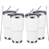 MEWAY 30oz Insulated Tumbler With Lids and Straws,Stainless Steel Double Vacuum Coffee Tumbler Cup, Brush, Durable Powder Coated Coffee Cup for Cold & Hot Drinks, Office(White,4 PACK)