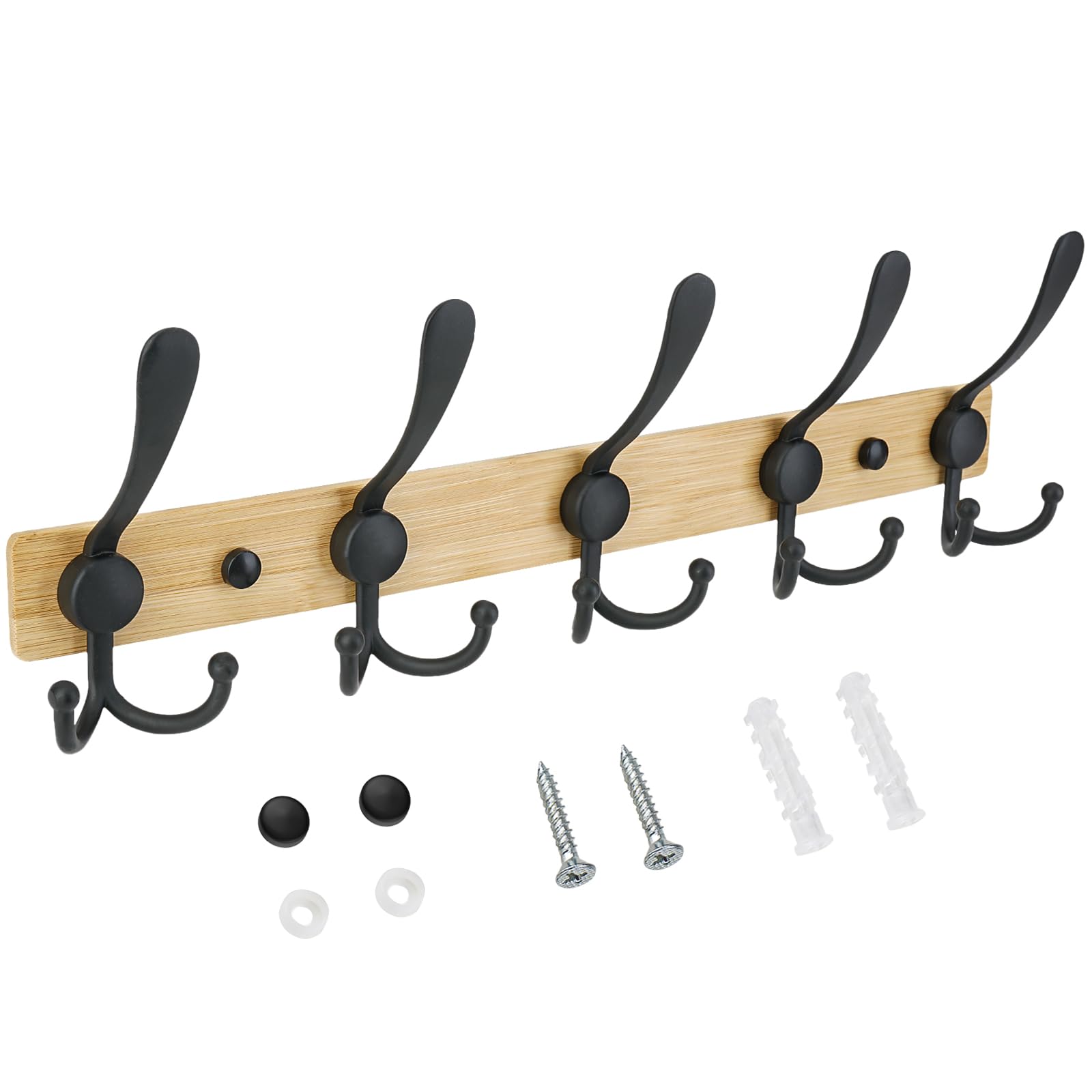 TICONN Wall Mounted Coat Rack, Five Heavy Duty Tri Hooks All Metal Construction for Jacket Coat Hat in Mudroom Entryway (Wood Black, 1-Pack)