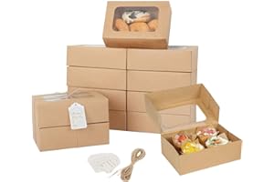 YEKTFS 24 Pcs Cookie Boxes with Window for Paper Gift Giving Brown Bakery Gift Boxes 9 x 6.3 x 3 Inch, Easy Estate Holiday Packaging for Cookie, Cupcaked, Donuts & Pastries