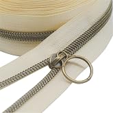 YaHoGa #5 Antique Brass Teeth Nylon Coil Zippers by The Yard 10 Yards Beige | Metallic Zipper Tape Bulk with 20PCS Pulls Sliders for Sewing Tailor Craft DIY Bags
