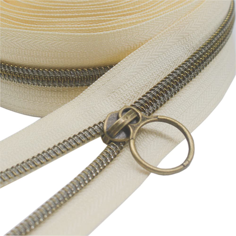 YaHoGa #5 Antique Brass Metallic Nylon Coil Zippers by The Yard Bulk Beige Tape 10 Yards with 20pcs Sliders for DIY Sewing Tailor Craft Bag (Anti-Brass Beige)