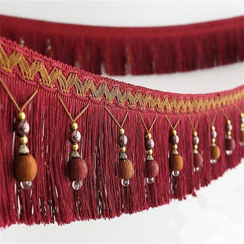 2yards Braided Beads Hanging Ball Tassel Fringe Trimming Applique Fabric Trimming Ribbon Band Curtain Table Wedding Decorated (red)