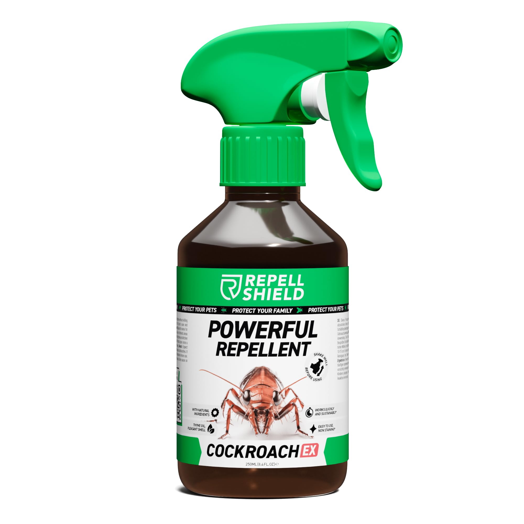 RepellShield Cockroach Repellent Spray - Natural Geraniol Oil, Pet-Safe, Non-Toxic, High Efficiency Pest Control for Homes, Thyme Scented, Versatile Indoors & Outdoors, Eco-Friendly Eradication, 250ml