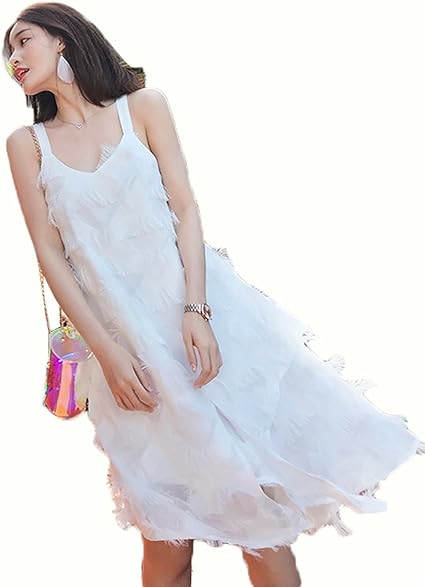 Amazon Shunyi レディース カジュアル ノースリーブ サンドレス Aライン ドレス リゾート サンドレス ワンピース アシンメトリー エレガント パーティードレス 通販
