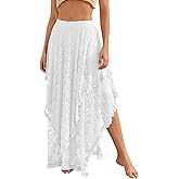 YKR Womens Lace Long Skirts Elastic Asymmetrical Layered Hem Sexy See-Through Flowy Skirts Floral Beach Maxi Skirt