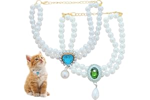 Ganbuyrii 2pcs Exquisite Adjustable Cat Pearl Collar with Gemstone Pendant,Pet Necklace Occasions Gatherings Small Dog and Cat Jewelry Accessories for Puppy Kitten - Green & Blue (7.87 Inches)