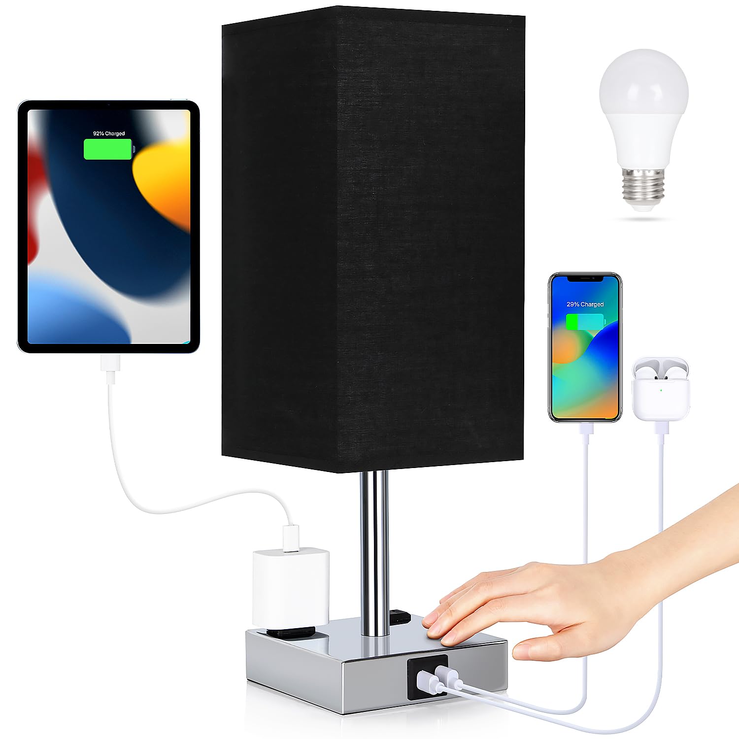 Photo 1 of Soilsiu Bedside Lamp with USB Ports - Touch Control Table Lamp for Bedroom with USB C+A Charging Ports & AC Outlets, 3 Way Dimmable Nightstand Light for Living Room (Bulb Included, Black)